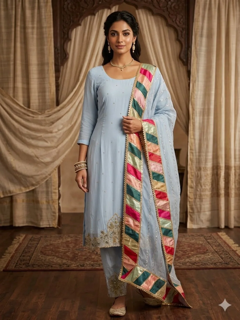 Light Blue Embroidered Salwar Kameez with Multi-Color Border Dupatta Small - Picture 1 of 6